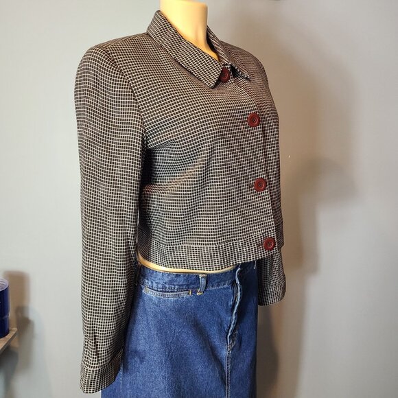 Express Vintage Womens Blazer Crop Tailored Jacket Collared Size 10 Plaid Brown - Picture 4 of 9